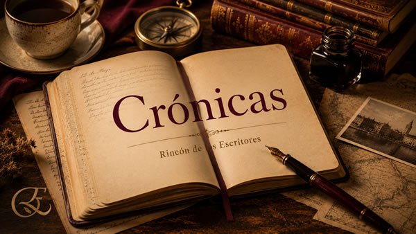 Cuaderno, mapas y pluma como imagen editorial de la sección Crónicas