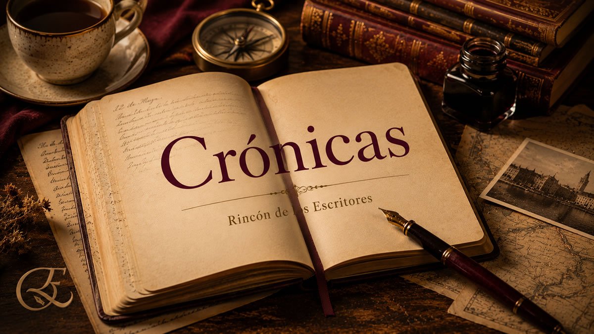 Cuaderno, mapas y pluma como imagen editorial de la sección Crónicas