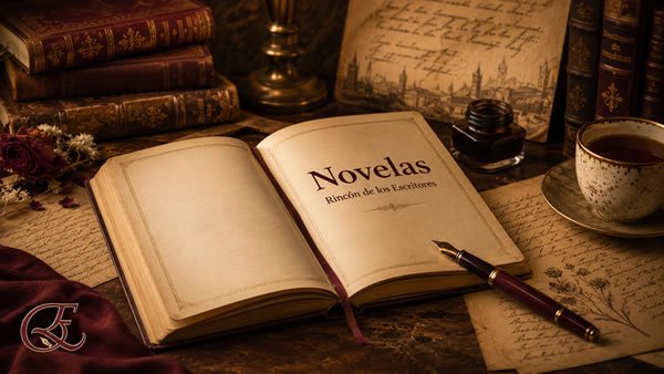 Libros, manuscritos y pluma como imagen editorial de la sección Novelas